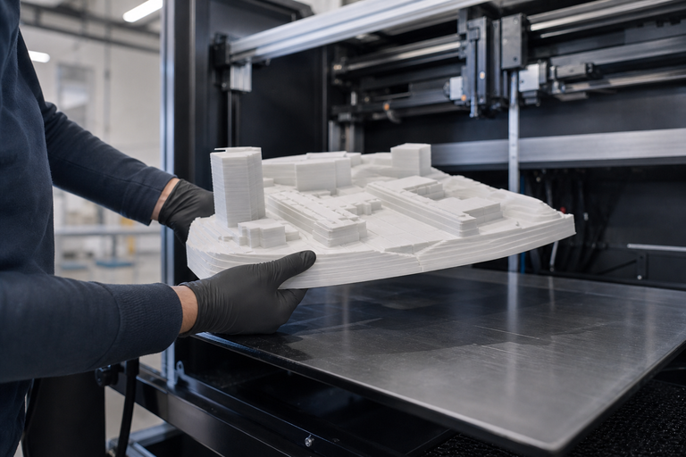 Technician removing architectural 3D printed prototype from large-format industrial printer at Curated Fabrication