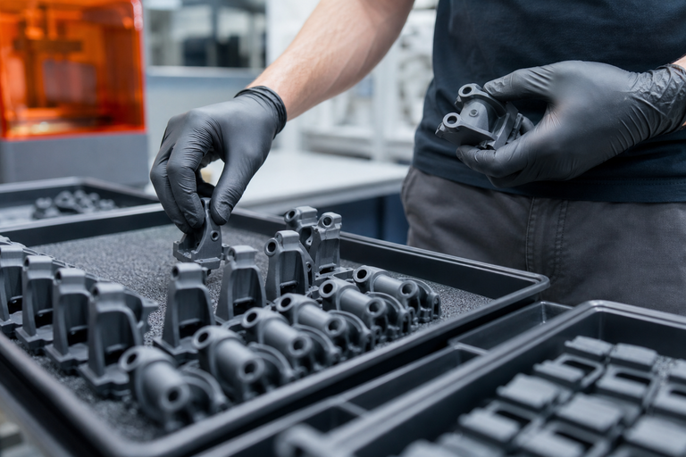Small-batch 3D printed production components organized for rapid prototyping at Curated Fabrication