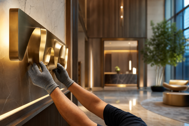 Final adjustment to custom lobby signage and fixtures in premium corporate entrance by Curated Fabrication