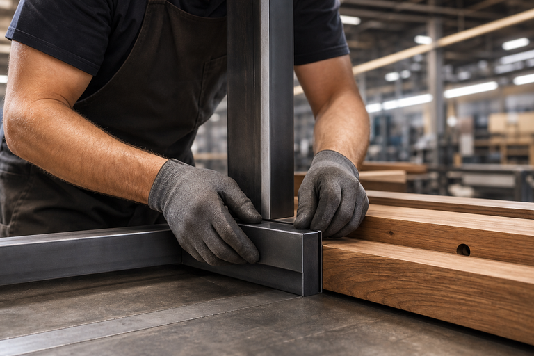 Custom steel frame and wood component assembly in integrated Curated Fabrication production facility