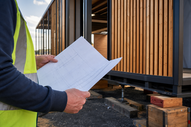 Engineer reviewing structural plans at outdoor modular structure installation site for Curated Fabrication project
