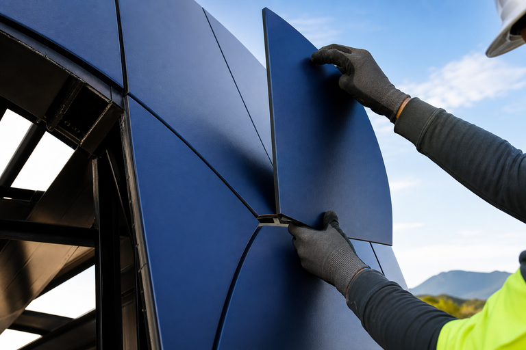 Outdoor brand pavilion structure installation with protective coating panels on commercial project site