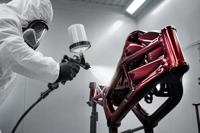 Automotive-grade spray finish applied to custom fabricated component in climate-controlled Curated Fabrication paint booth