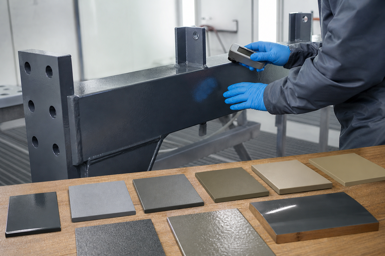 Quality inspection of protective industrial coating on custom metal fabrication at Curated Fabrication