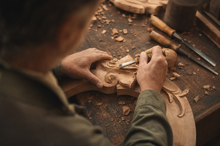 Master craftsman hand-shaping custom hardwood for architectural millwork at Curated Fabrication wood shop