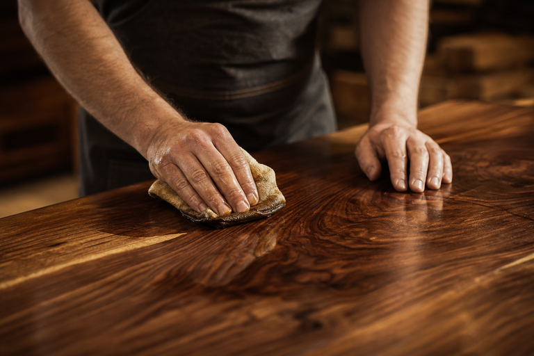 Hand-applied oil finish on custom wood furniture revealing premium grain at Curated Fabrication